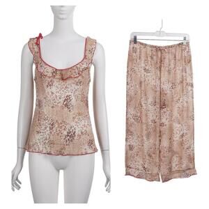 JOSIE NATORI Vtg 2pc Pajama Set M Brown Red Floral Animal Print Top Pants Sheer